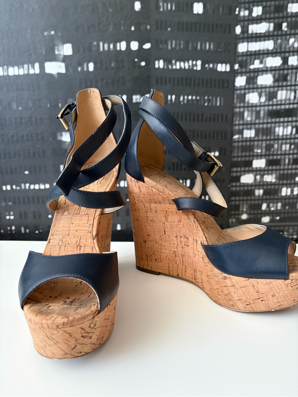 Michael Kors Navy Leather Cork Platform Wedge Sandals
